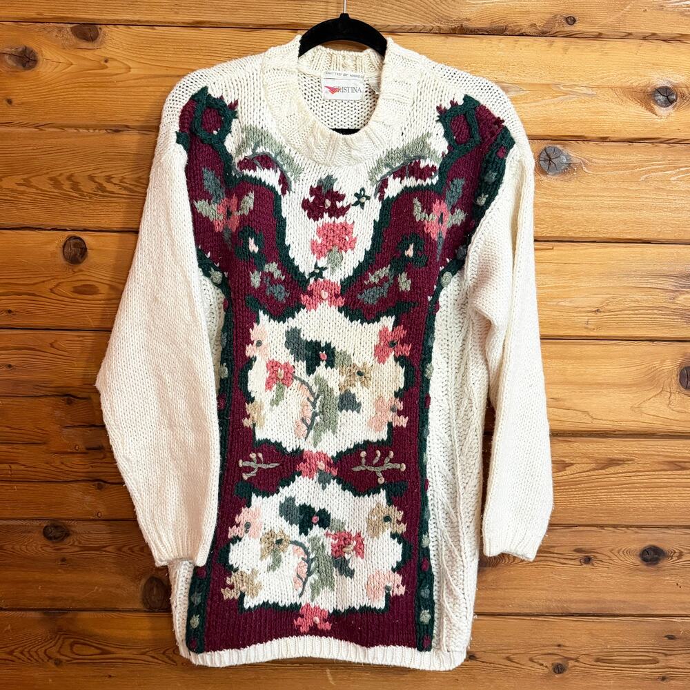 CHRISTINA Vintage cable knit embroidered Sweater Large